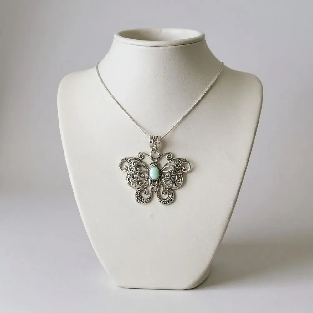 Stunning Larimar Butterfly Pendant Necklace – Silver Bali Filigree Design